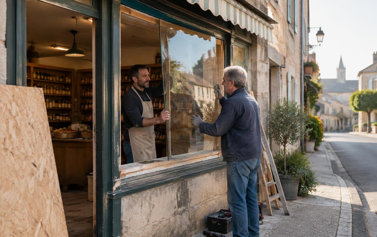 Un commerçant et un voisin réparent la vitrine d'une boutique